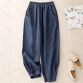 Navy Blue Cotton-Linen Ankle-Cinched Bloomer Pants For Women