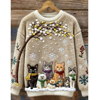 Womens Printed Cat Christmas Crew-Neck Sweatshirt Top
