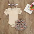 Girl Baby Set Short Sleeved Jumpsuit Crawling Suit Floral Shorts Headwear