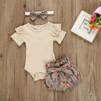 Girl Baby Set Short Sleeved Jumpsuit Crawling Suit Floral Shorts Headwear