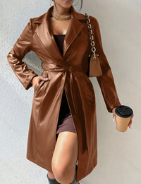 Long Sleeve Lapel PU Leather Jacket With Pockets Slim Fit Long Trench Coat Women's Clothing