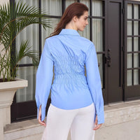 Notched-collar Top With Pleated Waist Long-sleeve Shirt For Women