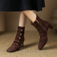 Retro High-heeled Ankle Boots For Women New Autumn Style Suede Round Toe Side Zipper Chunky Heel