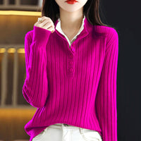 Fake Two-piece Half-open Collar Button-up Sweater Women
