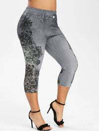 Mid-rise Printed Faux Denim Skinny Cropped Pants