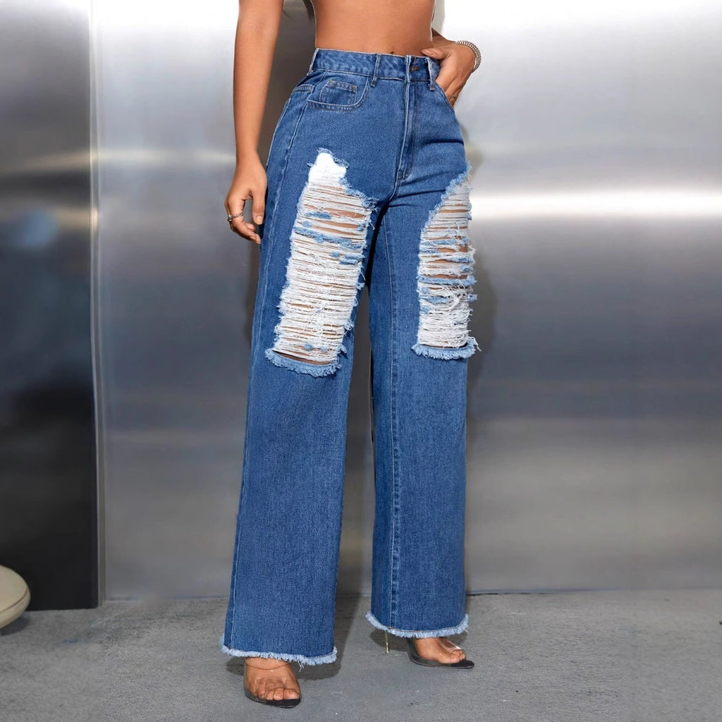 Leisure Ripped Wide Leg Denim Trousers