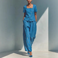 Womens Loose Short-Sleeve Top And High-Waist Pants Two-Piece Set