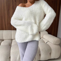 Womens Solid-Colored Long-Sleeve V-Neck Faux Mink Velvet Knit Sweater