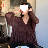 Women's Strapped Chiffon Top Lantern-Sleeve Shirt