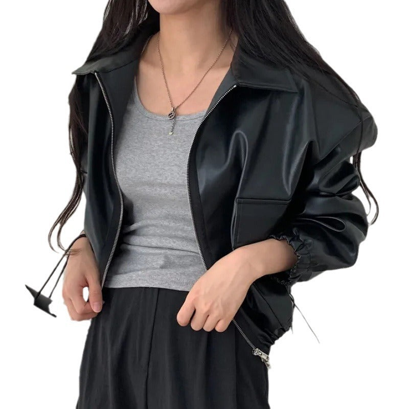 Lapel Double Zipper Pocket Long Sleeve Leather Coat