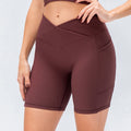 New Women's Yoga Shorts Cross Waist Slim Fit Fitness Pants Pockets High Waist Hip Lift Running Exercise Shorts