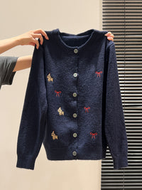 Red Embroidered Button Front Long Sleeve Knitted Cardigan Women's Sweater