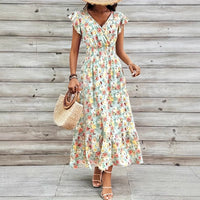 Elegant Printed Floral V-Neck Short-Sleeve Waist-Cinching Dress