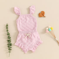 Girls' Solid Color Chessboard Plaid Style Lace Sling Romper Casual Shorts Suit