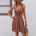 Striped Wrap Style V Neck Slip Dress With Thin Shoulder Straps And Elastic Back Straps