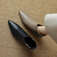 Womens Stylish Leather Pointed-Toe High-Heel Ankle Boots With Buckle Strap And Side Zipper
