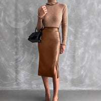 High Waist Slimming All-matching Hip Split PU Leather Skirt