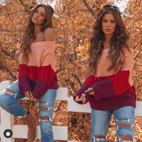Boat Collar Off-the-shoulder Contrast Color Loose All-matching