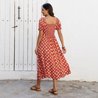 Women's Floral Print Square-Neck Lace-Up Dress With Chiffon Ruffles
