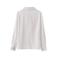 White V-neck Roll-up Sleeve Linen Blend Shirt