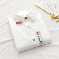 Women's Embroidered Rabbit Radish Shirt With Placket