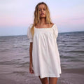 Solid-color Short-sleeve Loose-fit Pleated Square-neck Cotton Dress
