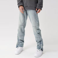 American-style Split Zipper Retro Wide Leg Straight Light Color And Water Scrubbing Jeans