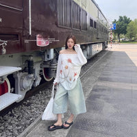 Starfish Printed Wide Collar Off-the-shoulder Sun Protection Long Sleeve T-shirt Women
