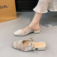 Satin Square Toe Toe Cool Slippers For Women, Summer Thick Heels, Half Drag Single Shoes