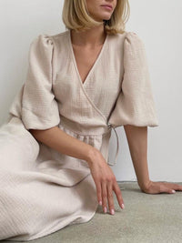 V-neck Puff Short Sleeve Lace-up Dress