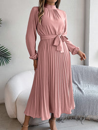 Women's Elegant Stand Collar Long Sleeve Tie Waist Pleated Maxi Evening Dress