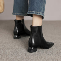 Women's Fashion Cowhide Shoes With A Square Toe, Side Zipper, And Chunky Mid-heel