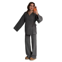 Long Sleeve V Neck Loose Top And Wide Leg Pants Set