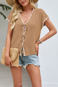 Color-block V-neck Lace-up Short-sleeve Knit Midriff-baring Cardigan