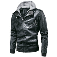 Men's detachable hooded pu leather jacket