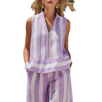 Zip-up Stand-up Collar Shirt And Sleeveless Striped Trousers Two-piece Set