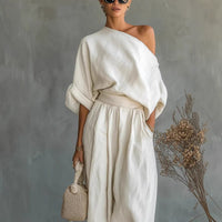 Womens Solid-Color Elegant Off-Shoulder Top And Pants Loose Two-Piece Set