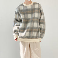 Padded Fleece Sweater Men's Loose Plaid Crew Neck