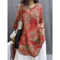 Vintage Floral Print Mid-length Sleeves V-neck Ramie Loose Western Style Artistic Casual Shirt