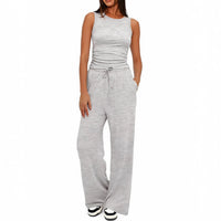 Sleeveless Crewneck Pleated Vest And High-waisted Wide-leg Pants Set