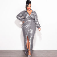 Womens Glossy V-Neck Slim-Fit Dress
