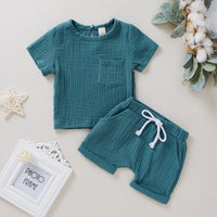 Two Piece Cotton Double Crepe Short Sleeved Shorts