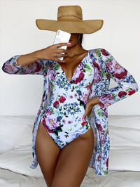European And American Botanical Print Pleated Three-piece Swimsuit