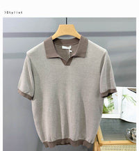 Men's Ice Silk Knitted Trendy Niche Contrast Color Lapels Short Sleeve