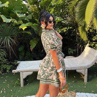 Bohemian Style Single-Breasted Front-Lace-Up Short-Sleeve A-Line Skirt