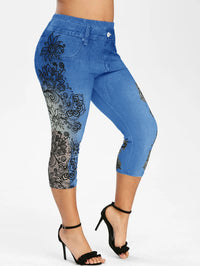 Mid-rise Printed Faux Denim Skinny Cropped Pants