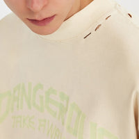 Men's Brushed Wide Version Small Turtleneck Imitation Tape Printed T-shirt