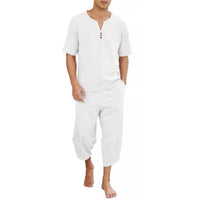 Casual V-neck Short-sleeve Top And Loose Cropped Pants Breathable Cotton-linen Athletic Set