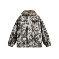 Faux Fur Collar Cotton-padded Coat Men's Tie-dyed Distressed Coat