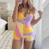 New Color Contrast Color Tight Fit And Slim V-neck One-piece Shorts For Women Jumpsuit